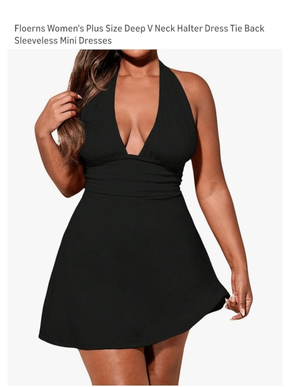 FLOERNS - XXL Black Halter Mini Dress - V-Neck Flared Skirt - Picture 9 of 11
